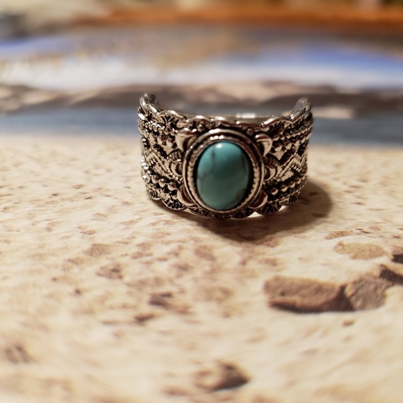 Boho Fashion Wide Band Turquoise Gemstone Ring - Picture 2 of 4